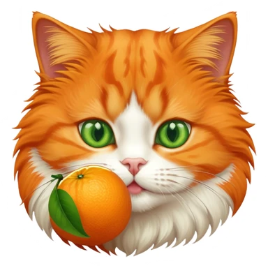 Orange cat eating an orange fruit that has a cat face drawn on it sticker
