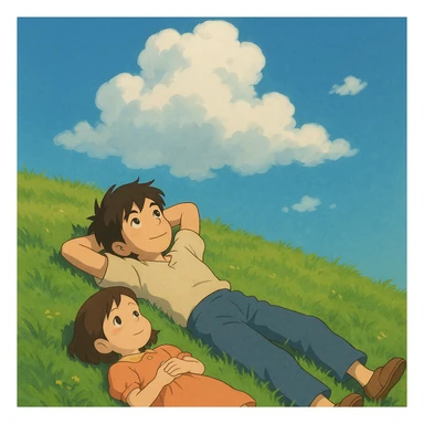 Two siblings lying on a grassy hill, gazing up at drifting cloud sticker