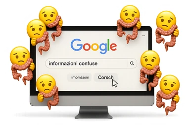 SCHERMO DI PC CON LA SCRITTA "informazioni confuse" SULLA BARRA DI RICERCA GOOGLE SULLO SCHERMO E IL CLICK DEL MOUSE SULLA SCRITTA CERCA, stile emoji iphone fluttuano in aria stringendo in mano un pezzo di colon intestinale, iperrealistico 4k sticker