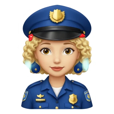 A light-skinned woman with short curly blonde hair, wearing a navy police hat with a badge, and a calm smile. sticker