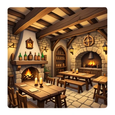 cozy medieval fantasy tavern with wooden beams, fireplace, and tables where adventurers gather sticker