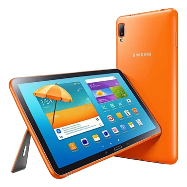 Ultra Detailed hyperrealistic beautiful Samsung galaxy 10.5 tablet, with a cute neon orange summer vibes cover case 3d render, isolated, still life. Must be 8k quailty, 9000x9000px resolution  sticker