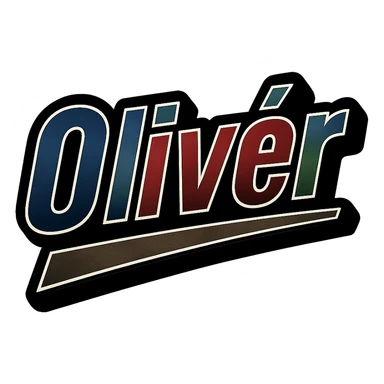 Olivér name in masculine, modern, gradient font with precise Hungarian characters, dark outline, extra thick, prominent white border as in reference images, dynamic slanted underline, masculine color shades (blue, gray, burgundy, green, brown), 1000x1000 px, PNG, transparent background sticker
