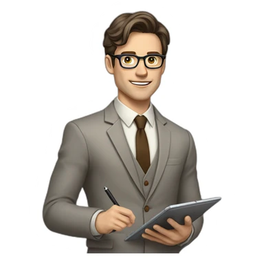 Pale skinned fit man with dark brown hair in gray jacket, beige office shirt, brown tie, brown pants and vintage glasses Writing on the tablet sticker