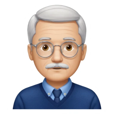 Style anchor + Senior male American, light skin, gray hair, silver round glasses, neat white mustache, navy sweater over blue collared shirt, calm. sticker
