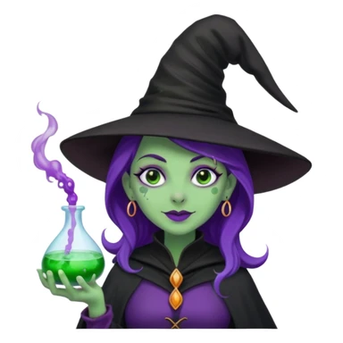 Witch with Green Skin – long-nosed witch in black hat holding potion sticker