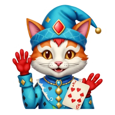 crazy colorful cute little cat jolly joker from poker, medieval, vintage, court jester, mac os icon, blue color, holds a single poker card on the right paw sticker