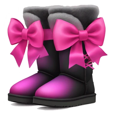 Pair of black and hot pink ombre Ugg fur boots laced up with pink silk ribbon bows. sticker