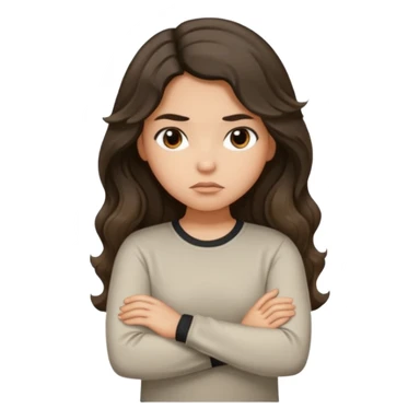 Hispanic light tan girl with long dark wavy hair with arms folded and pouting. Wearing a long sleeve. Hair with middle part. sticker