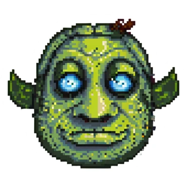 Shrek face close-up in pixel art, big round nose, expressive eyes sticker