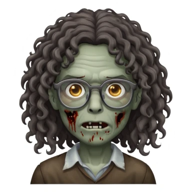 make a zombie with grey skin and long dark brown curly hair and glasses sticker