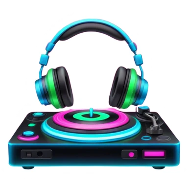 Create a dynamic and modern emoji that represents electronic music and DJing. The design should feature a turntable, DJ headphones, and glowing sound waves or a waveform, symbolizing the energy of mixing and electronic beats. Incorporate vibrant neon colors (e.g., electric blue, neon pink, or green) to represent the futuristic and pulsating nature of electronic music. The background should be transparent, with subtle details of flashing lights or abstract patterns to evoke the nightclub or festival atmosphere. sticker
