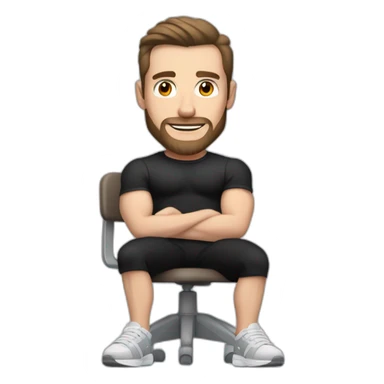 Pale skinned Fit Man With the biceps and dark brown hair in black shirt, gray sports shorts and white Sneakers Sitting on a chair sticker