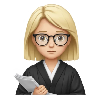 Young judge, blonde hair with glasses and robe, hold a paper sticker