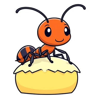 Cartoon ant sitting on a piece of rice sticker