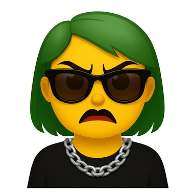 Create an emoji style image of a girl with green hair and an angry expression. She has brown eyes, lipstick blended with black and red, black sunglasses, and a chain necklace. sticker