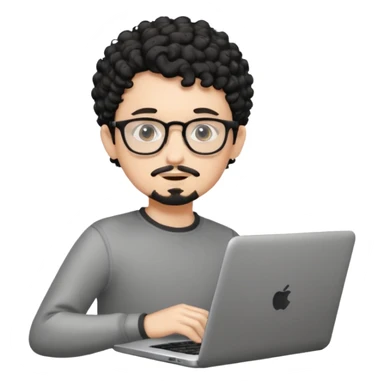 A young boy DEVELOPER WITH A laptop, black curly short hair, wearing glasses, a thin goatee, his skin is white sticker