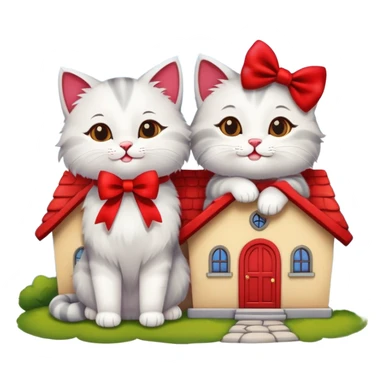 two happy cats in love with a house behind them that has a bow on the roof sticker