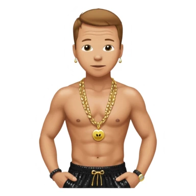 Donnie Wahlberg with golden brown hair, black sequin baggy pants, shirtless with necklace sticker