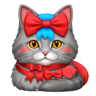 A fluffy grey cat is lying down with a red bow on its neck. sticker