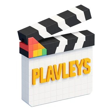 voxel style movie clapperboard with the text 'PLAVLEYS', white body, black lid, isometric view sticker