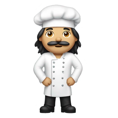 half asian, half white man with long black hair, facial scruff, and a mustache wearing a chef's hat sticker