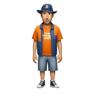 adam sandler full body wearing shorts, orange shirt, hat with word tigers. sticker