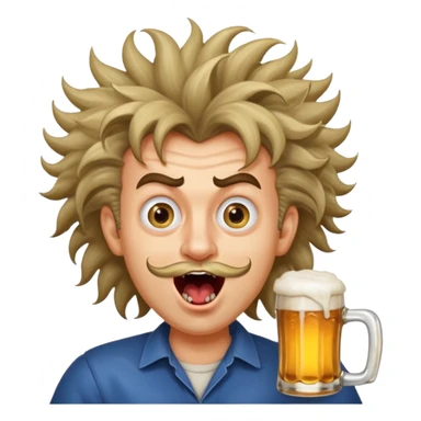 silly man with wild hair holding a beer, cross eyed, mouth wide open, wild eyebrows, super crazy face sticker
