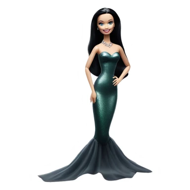 Mermaid Gown Barbie. Teen Morticia Addams at home. Smiling. Filmy organza nightgown . Very Pale-white porcelain skin.  sticker