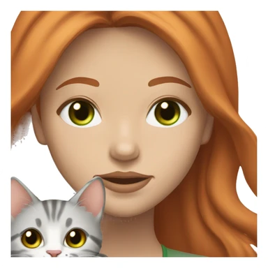 Pretty redhead woman with light brown eyes and long lashes holding a very cute light gray tabby with a slightly orange hue and green eyes  sticker