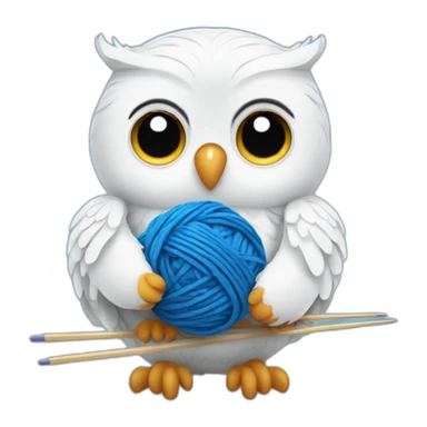 White Owl holding blue yarn ball and knitting needles sticker