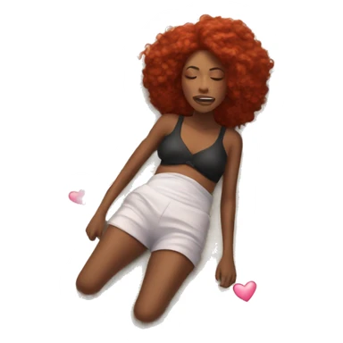 A black woman laying on her back on the beach, looking sick, red hair plats, butter flies around, pink hearts sticker