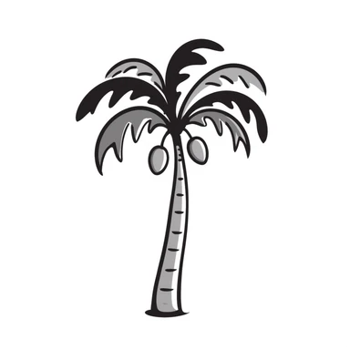 a palm tree with a curved trunk, large fronds, and coconuts, in pastel colors dd9fb0, ffc6d3, a3bfc9, c4bee2, f1b091, detailed hand-drawn doodle style sticker