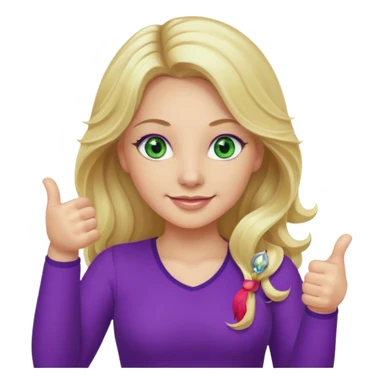 lady with long wavy blonde hair, purple top, green eyes, thumbs up sticker