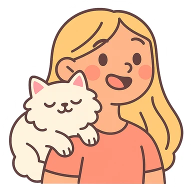 a girl with long blonde hair, a white fluffy cat resting on her left shoulder and neck, pastel toon style emoji for Discord and Slack sticker