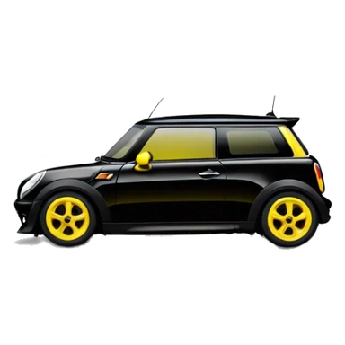 mini cooper black, yellow mirror,  sticker