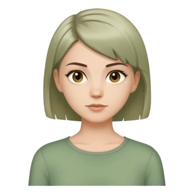 White girl with short wolfcut hairstyle, brown eyes, straight hair, wearing a sage green top sticker