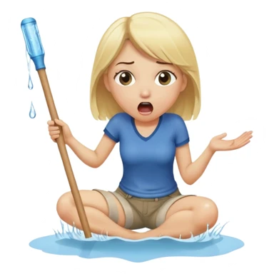 blond woman on her knees, shocked, holding a wide skin-tone stick with a D-shaped knob, the stick emerging from trousers hanging in front of her face, water squirting from the knob into her mouth sticker