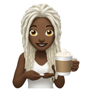 White woman with white dreadlocks holding hot chocolate in front of a fireplace sticker
