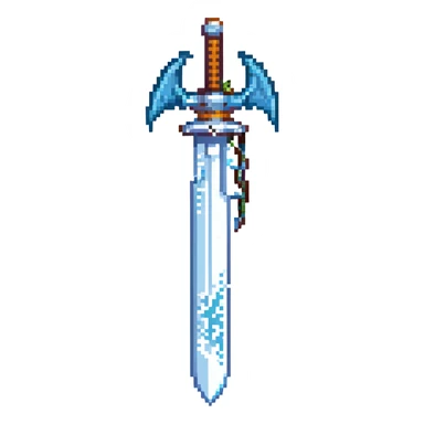Snow Dragon Sword, pixel art style, icy blue blade with dragon motifs, pixelated details, fantasy weapon sticker