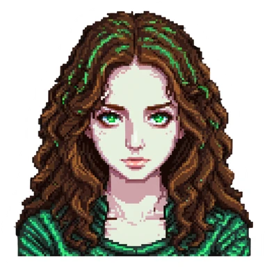 sad woman with brown wavy hair and green eyes sticker