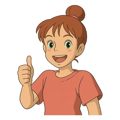 girl with pink topknot haircut and green eyes giving a thumbs up sticker