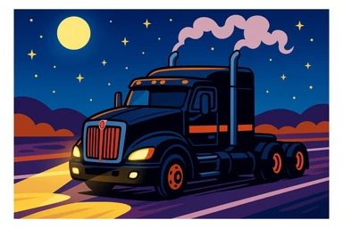 vibrant cartoon black Kenworth T680 Flat Top semi sleeper cruising on highway at night, smoke rising from stacks, bright headlights, moon and stars in sky, playful and dynamic sticker