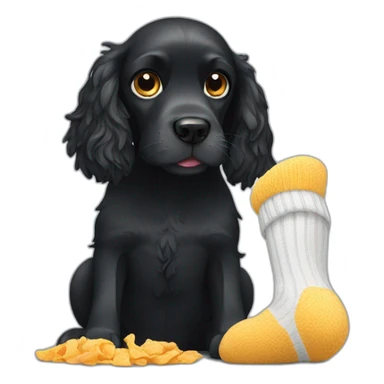 Black spaniel eating sock sticker
