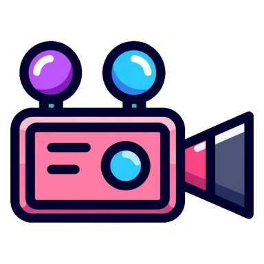 videographer's camera in pink and light blue colors, with neon glow lines, blue neon light on top left, purple neon light on bottom right sticker