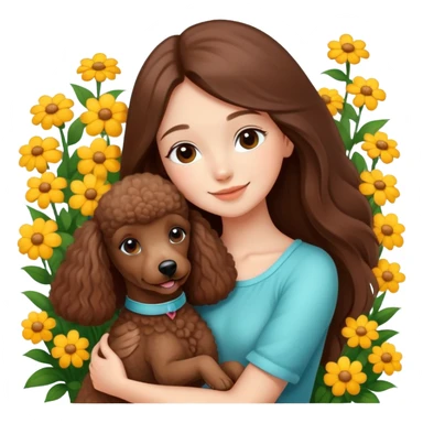A beautiful girl with long straight hair happily hugs a brown poodle in the flowers sticker