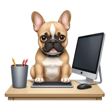 Fawn Frenchie with black muzzle working behind computer sticker