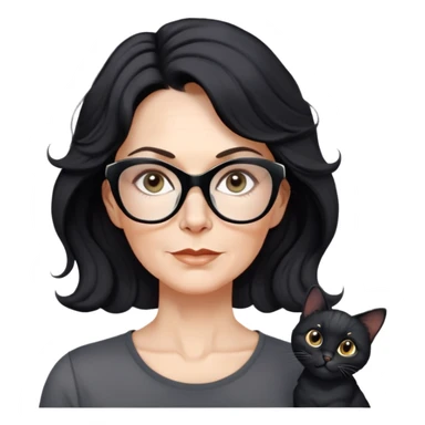 white woman about 50 years old with light warm skin, wavy black hair to the neck, neutral determined expression, large black shiny butterfly or cat-eye glasses, white casual t-shirt, calm and creative energy sticker
