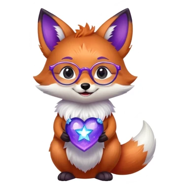 A small magical fox with shimmering purple and blue fur, a glowing fluffy tail, a silver star on its forehead, and round glasses, holding a tiny magical lantern, hugging a big red heart and smiling warmly. 🦊❤️ sticker