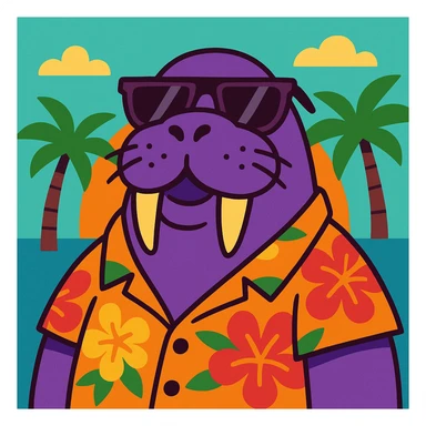 purple walrus in sunglasses and a Hawaiian shirt, cartoon style sticker